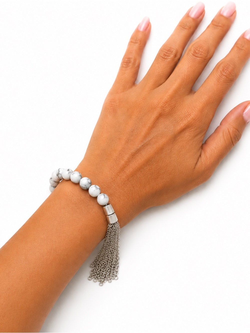 Handmade White Howlite Beaded Tassel Stretch Bracelet Boho Minimalist
